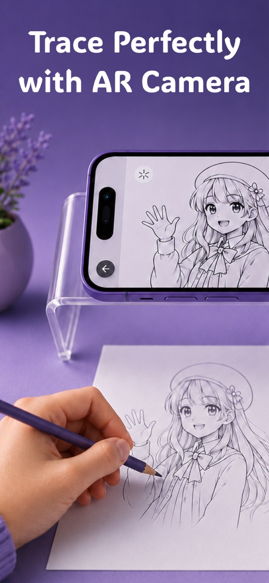 AR drawing app displaying a reference over a phone camera view above a sketchbook